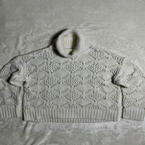 Sundance Oversized Turtleneck Women's M Ivory Sweater Open Weave Fisherman Cable - Picture 2 of 8